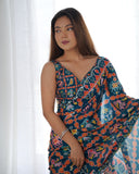 Navy Blue Multicolor Printed Silk Saree with Embellished Border and Blouse