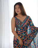 Navy Blue Multicolor Printed Silk Saree with Embellished Border and Blouse