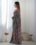 Navy Blue Multicolor Printed Silk Saree with Embellished Border and Blouse
