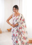 White Printed Saree with Mirror Border | Lightweight Festive Wear