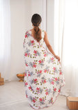 White Printed Saree with Mirror Border | Lightweight Festive Wear