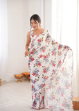 White Printed Saree with Mirror Border | Lightweight Festive Wear