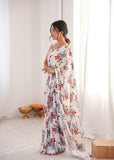 White Printed Saree with Mirror Border | Lightweight Festive Wear