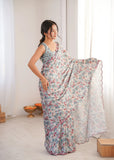 Grey Printed Saree with Mirror Border | Lightweight Festive Wear