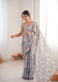 Grey Printed Saree with Mirror Border | Lightweight Festive Wear