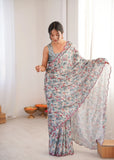 Grey Printed Saree with Mirror Border | Lightweight Festive Wear