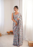 Grey Printed Saree with Mirror Border | Lightweight Festive Wear