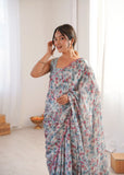 Grey Printed Saree with Mirror Border | Lightweight Festive Wear