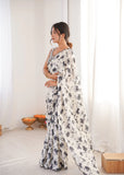 White Printed Saree with Mirror Border | Lightweight Festive Wear