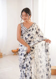 White Printed Saree with Mirror Border | Lightweight Festive Wear