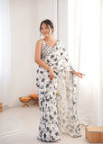 White Printed Saree with Mirror Border | Lightweight Festive Wear