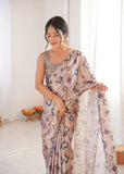 Beige Printed Saree with Mirror Border | Lightweight Festive Wear