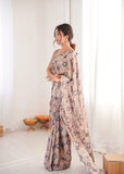 Beige Printed Saree with Mirror Border | Lightweight Festive Wear