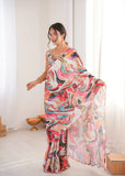 MultiColor Printed Saree with Mirror Border | Lightweight Festive Wear