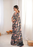 Black Printed Saree with Mirror Border | Lightweight Festive Wear