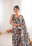 Black Printed Saree with Mirror Border | Lightweight Festive Wear