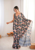 Black Printed Saree with Mirror Border | Lightweight Festive Wear