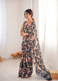 Black Printed Saree with Mirror Border | Lightweight Festive Wear