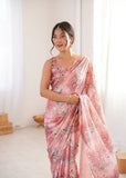 Pink Printed Saree with Mirror Border | Lightweight Festive Wear