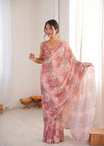 Pink Printed Saree with Mirror Border | Lightweight Festive Wear