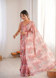 Pink Printed Saree with Mirror Border | Lightweight Festive Wear