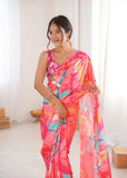 Pink Printed Saree with Mirror Border | Lightweight Festive Wear