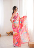 Pink Printed Saree with Mirror Border | Lightweight Festive Wear