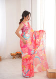 Pink Printed Saree with Mirror Border | Lightweight Festive Wear