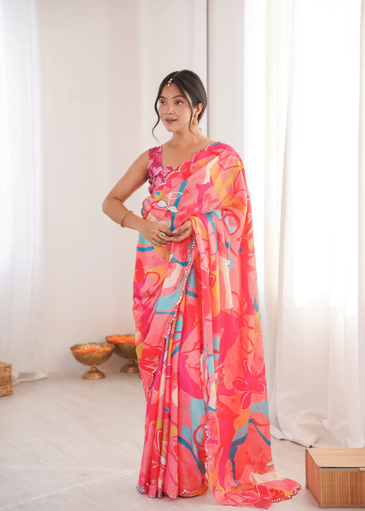 Woman wearing a colorful saree in a bright room Glanzavi