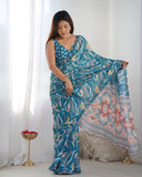 Teal Blue & Peach Printed Silk Saree with Mirror Lace Border and Blouse