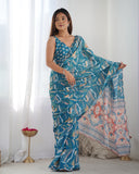 Teal Blue & Peach Printed Silk Saree with Mirror Lace Border and Blouse