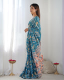Teal Blue & Peach Printed Silk Saree with Mirror Lace Border and Blouse