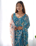 Teal Blue & Peach Printed Silk Saree with Mirror Lace Border and Blouse