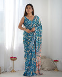 Teal Blue & Peach Printed Silk Saree with Mirror Lace Border and Blouse