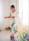 White Printed Saree with Mirror Border | Lightweight Festive Wear