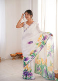 White Printed Saree with Mirror Border | Lightweight Festive Wear