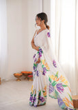 White Printed Saree with Mirror Border | Lightweight Festive Wear