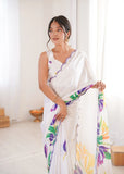 White Printed Saree with Mirror Border | Lightweight Festive Wear