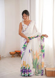 White Printed Saree with Mirror Border | Lightweight Festive Wear