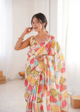 Cream Printed Saree with Mirror Border | Lightweight Festive Wear