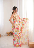 Cream Printed Saree with Mirror Border | Lightweight Festive Wear