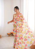 Cream Printed Saree with Mirror Border | Lightweight Festive Wear