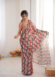 Pink Printed Saree with Mirror Border | Lightweight Festive Wear