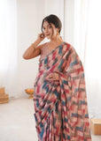 Pink Printed Saree with Mirror Border | Lightweight Festive Wear