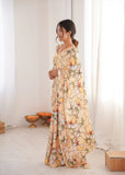 Yellow Printed Saree with Mirror Border | Lightweight Festive Wear