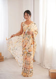 Yellow Printed Saree with Mirror Border | Lightweight Festive Wear