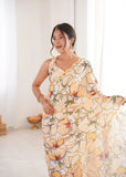Yellow Printed Saree with Mirror Border | Lightweight Festive Wear