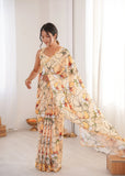 Yellow Printed Saree with Mirror Border | Lightweight Festive Wear