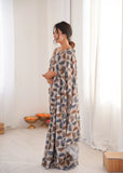 Beige Printed Saree with Mirror Border | Lightweight Festive Wear