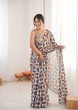 Beige Printed Saree with Mirror Border | Lightweight Festive Wear